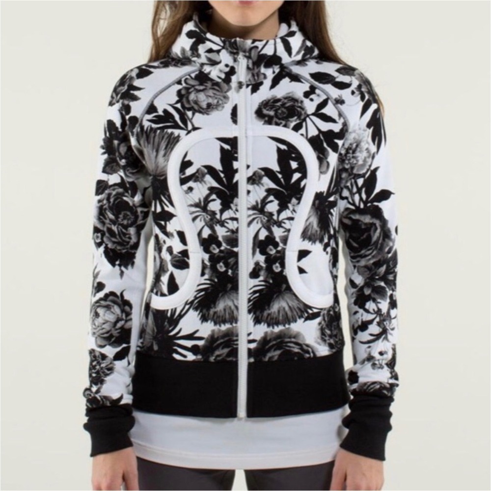 Lululemon Scuba Hoodie Blooming Pixie Black White Floral Full Zip Fleece Size 4